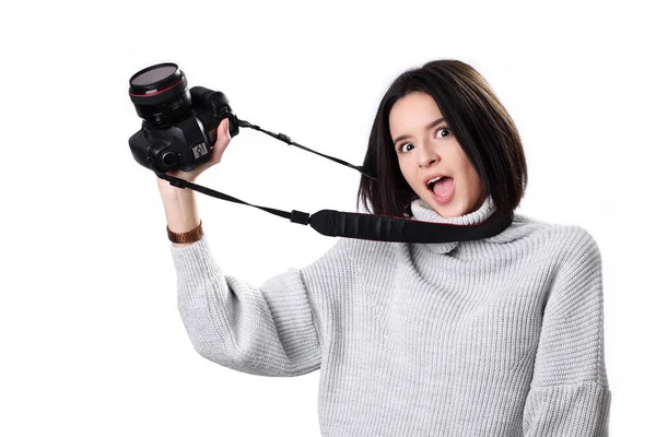 Attractive Brunette Aims Her Camera Composing Photograph Studio Isolated White — Stock Photo, Image