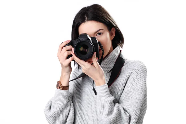 Woman Photographer Taking Images Dslr Camera — Stock Photo, Image