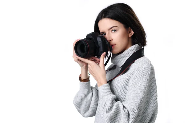 Woman Takes Images Holding Photographic Camera Isolated White — Stock Photo, Image