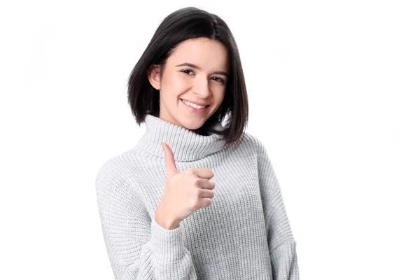 Retrato Jovem Alegre Mostrando Polegares Para Cima Gesto Isolado Sobre — Fotografia de Stock