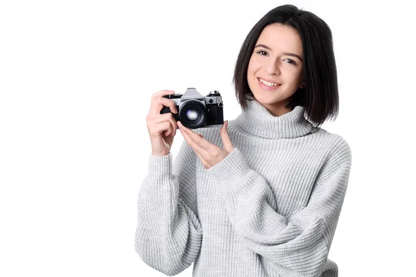 Portrait Smiling Young Woman Holding Retro Camera — Stock Photo, Image