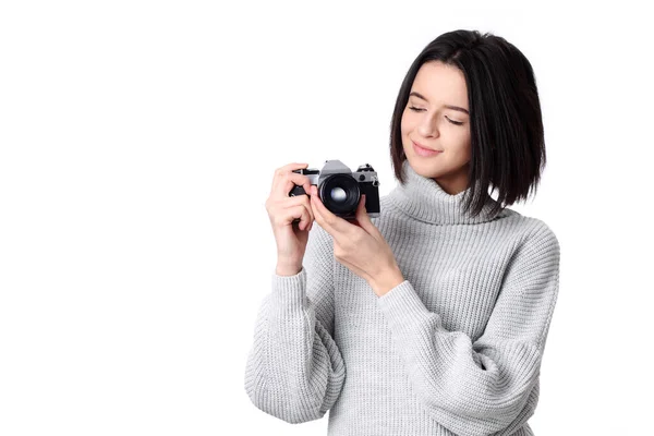 Pretty Young Stylish Woman Photographer Posing Outdoor Old Vintage Camera — Stock Photo, Image