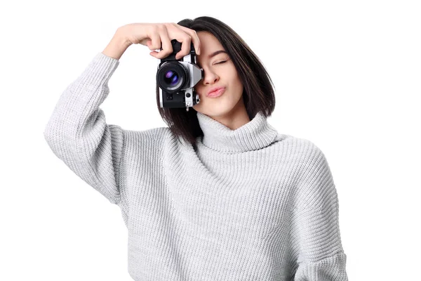 Close Portrait Smiling Pretty Girl Taking Photo Retro Camera Isolated — Stock Photo, Image