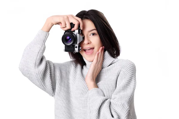 Close Portrait Smiling Pretty Girl Taking Photo Retro Camera Isolated — Stock Photo, Image