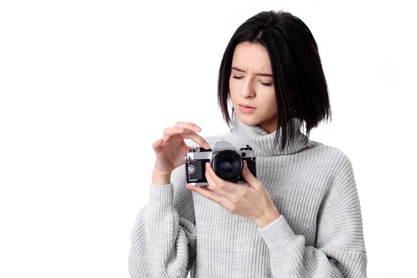 Beautiful Woman Holding Vintage Camera Isolated White Background — Stock Photo, Image