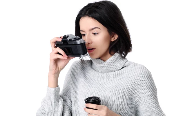 Portrait Smiling Young Woman Holding Retro Camera — Stock Photo, Image