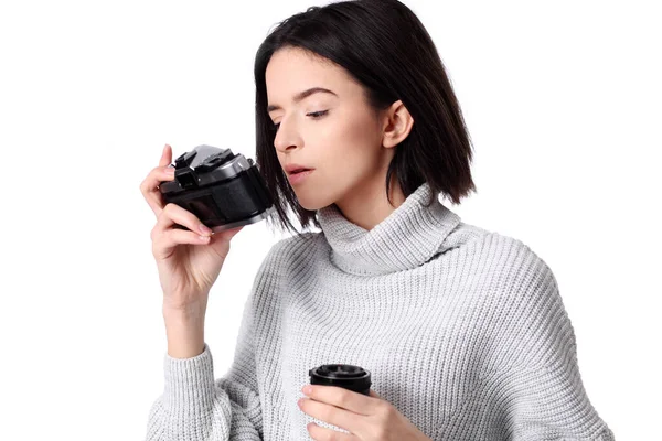 Woman Takes Images Holding Photographic Camera Isolated White — Stock Photo, Image