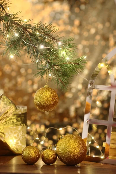 Christmas Background Balls Decorations Wooden Table — Stock Photo, Image