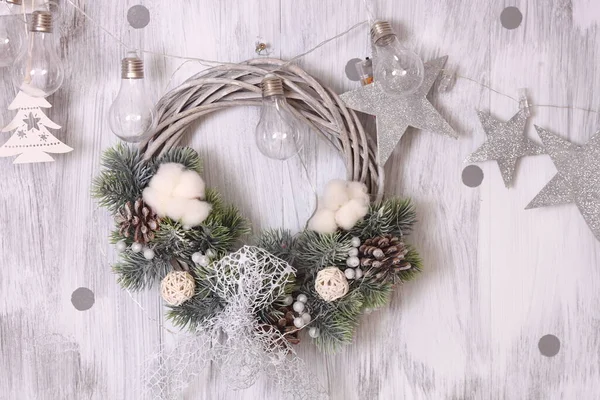 Advent Christmas Wreath Wooden Door Decoration — Stock Photo, Image