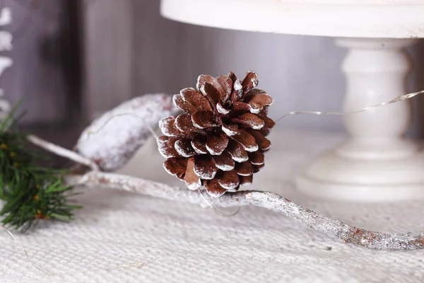 Pine Cones Needles New Year Toy Ice Skate White Background — Stock Photo, Image