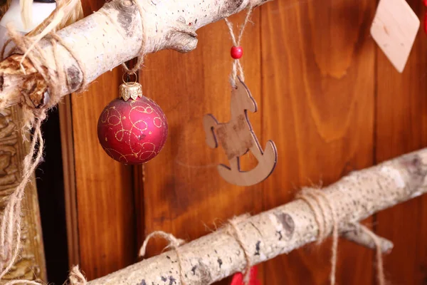 Christmas Composition Garland Made Red Balls Fir Tree Branches Christmas — Stock Photo, Image