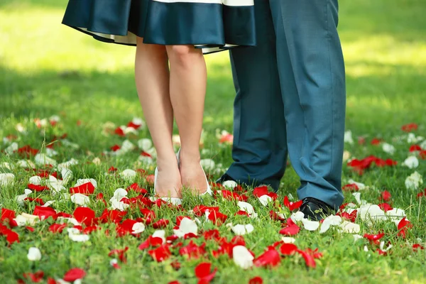 Van het paar benen op het gras met bloemblaadjes — Stockfoto