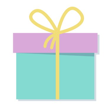 Düz stile sarılı renkli bir hediye kutusu. Noel için element tasarımı, Sevgililer Günü, indirim, alışveriş. Beyaz arka planda izole edilmiş. Vektör illüstrasyonu.