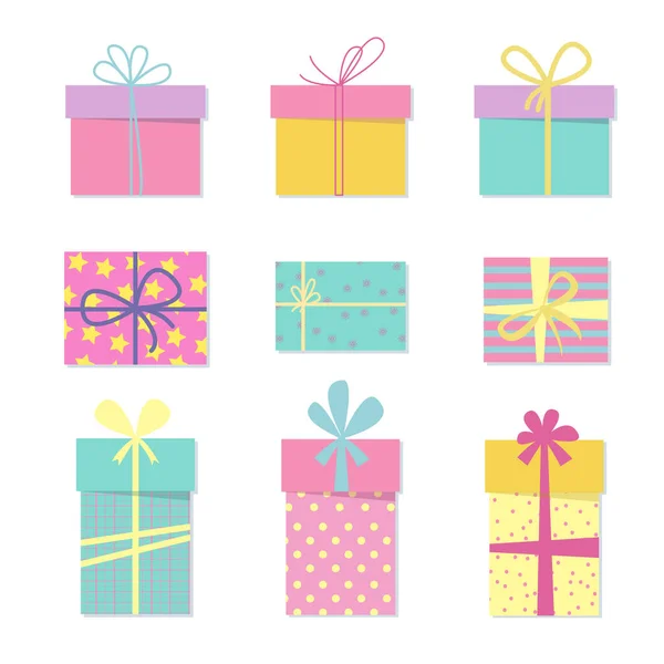 Gift boxes set, presents in colorful wrapped in flat style. — Stock Vector