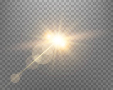 Sunlight lens flare, sun flash with rays and spotlight. Gold glowing burst explosion on a transparent background. Vector illustration. clipart