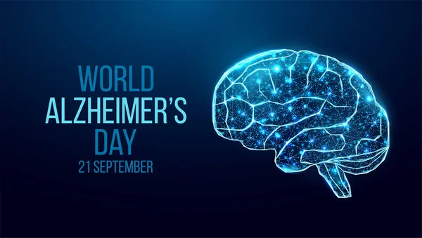 Human brain wireframe. World World Alzheimer's Day concept. Banner template with glowing low poly brain. Futuristic modern abstract. Isolated on dark background. Vector illustration