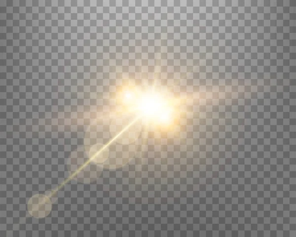 Sunlight Lens Flare Sun Flash Rays Spotlight Gold Glowing Burst — Stock Vector