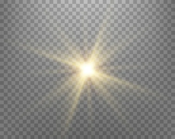 日光レンズフレア 光線とスポットライト付きの太陽のフラッシュ 透明な背景に金色の輝くバースト爆発 ベクターイラスト — ストックベクタ