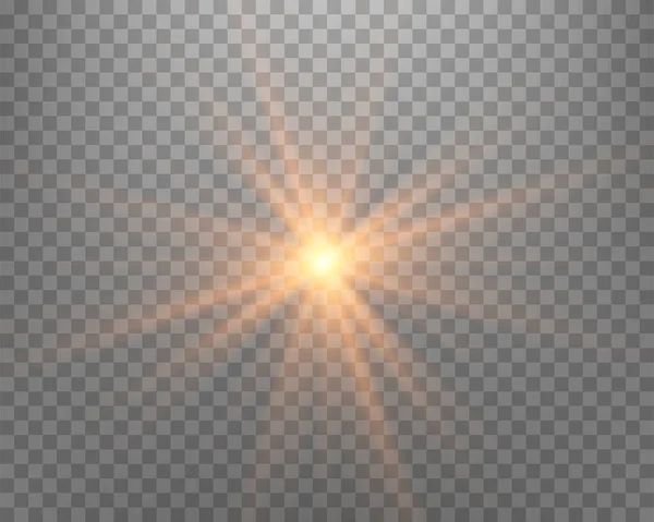 Sunlight Lens Flare Sun Flash Rays Spotlight Gold Glowing Burst — Stock Vector