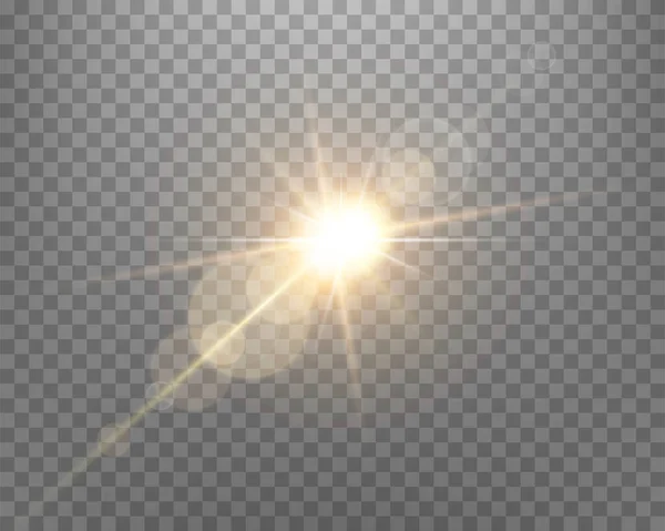 Sunlight Lens Flare Sun Flash Rays Spotlight Gold Glowing Burst — Stock Vector