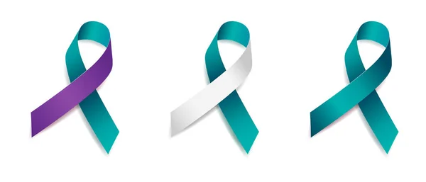 Set of tree teal ribbon awareness Cervical Cancer, Sexual Assault, Polycystic Ovarian Syndrome, Suicide, Domestic Violence, PTSD, Isolated on white background. Vector illustration. — Stock Vector