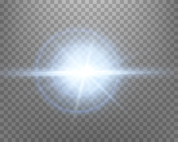 ブルーの太陽光レンズフレア 光線とスポットライト付きのサンフラッシュ 透明な背景に爆発爆発を起こす — ストックベクタ