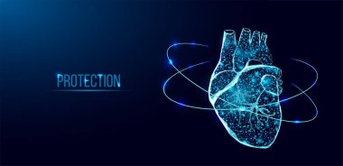 İnsan kalbi koruması. Kablo çerçevesi düşük polimerli. Tıp bilimi, kardiyoloji hastalığı kavramı. Koyu mavi arkaplanda soyut 3d vektör çizimi.