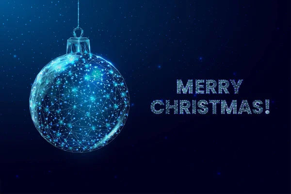 Tel çerçeveli Noel baloları ve yıldız, düşük polimerli. Mutlu Noeller ve yeni yıl afişi. Mavi arkaplanda soyut 3d vektör çizimi.