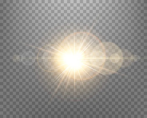 Sunlight Lens Flare Sun Flash Rays Spotlight Gold Glowing Burst — Stock Vector