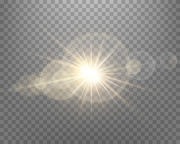 Sunlight Lens Flare Sun Flash Rays Spotlight Gold Glowing Burst — Stock Vector