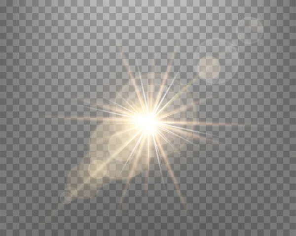 Sunlight Lens Flare Sun Flash Rays Spotlight Gold Glowing Burst — Stock Vector