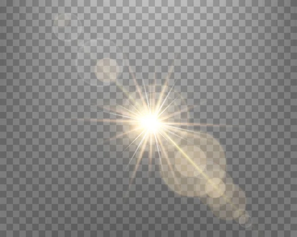 Sunlight Lens Flare Sun Flash Rays Spotlight Gold Glowing Burst — Stock Vector