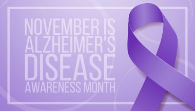 Alzheimer hastalığı farkındalık ayı konsepti. Mor kurdeleli ve yazılı pankart şablonu. Vektör illüstrasyonu.