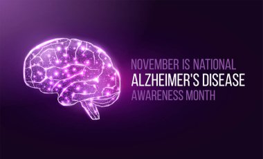 Alzheimer hastalığı farkındalık ayı konsepti. Mor kurdeleli ve yazılı pankart şablonu. Vektör illüstrasyonu.