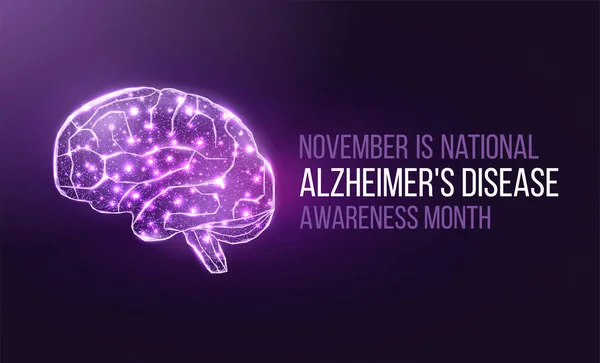 Alzheimer hastalığı farkındalık ayı konsepti. Mor kurdeleli ve yazılı pankart şablonu. Vektör illüstrasyonu.