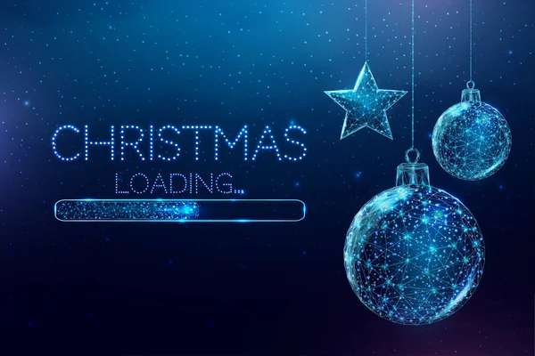 Tel çerçeveli Noel oyuncakları ve yükleme çubuğu, düşük polyester tarzı. Mutlu Noeller ve yeni yıl afişi. Mavi arkaplanda soyut 3d vektör çizimi.