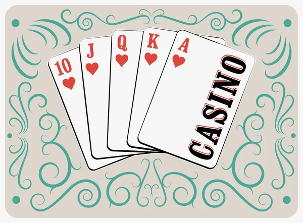 Casino calligraphic vintage style poster with playing cards. Retro vector illustration. — Stock Vector