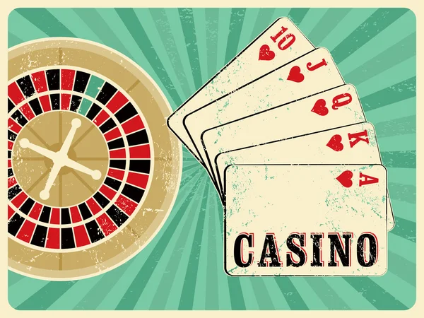 Affiche de style grunge vintage Casino avec cartes à jouer et roulette. Illustration vectorielle rétro . — Image vectorielle