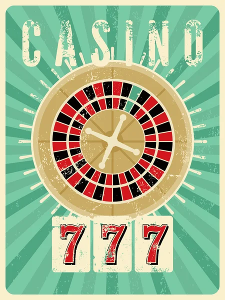 Casino vintage grunge style poster with roulette. Retro vector illustration. — Stock Vector