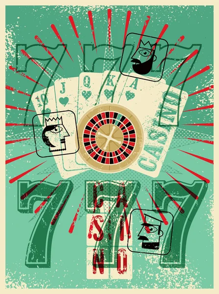 Affiche de style grunge vintage Casino. Jouer aux cartes, roulette, triple sept. Jack, Reine et Roi stylisés. Illustration vectorielle rétro . — Image vectorielle