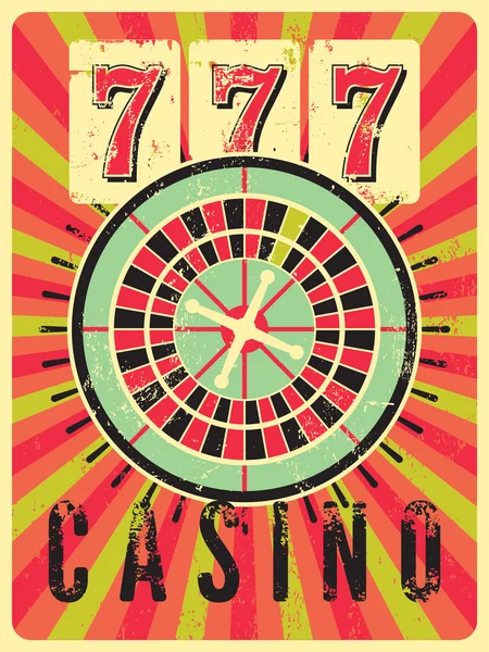 Casino vintage grunge style poster with roulette. Retro vector illustration. — Stock Vector