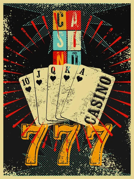 Casino vintage grunge style poster with playing cards. Retro vector illustration. — Stock Vector