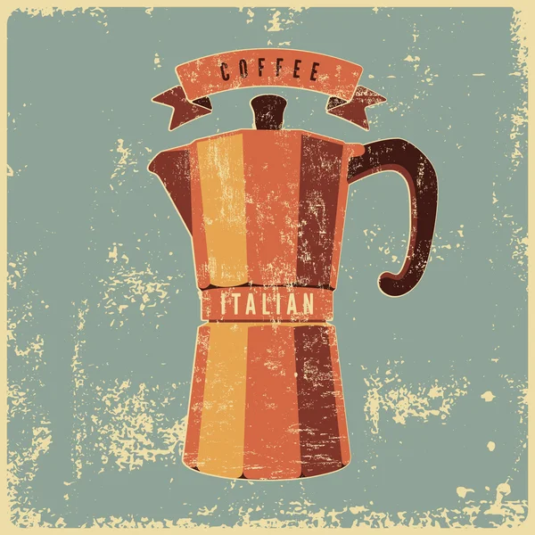 Coffee typographical vintage style grunge poster with classic moka pot coffee maker. Retro vector illustration. — Stock Vector