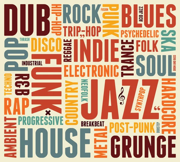 Музыкальные стили типографический винтажный плакат. Ретро-векторная иллюстрация . — стоковый вектор