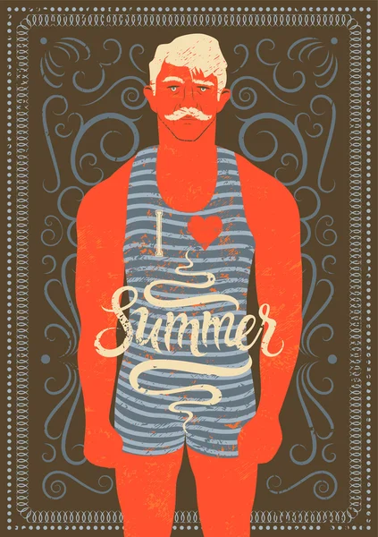 Zomer zwemmer. Kalligrafische zomer vintage grunge posterontwerp. Retro vectorillustratie. — Stockvector