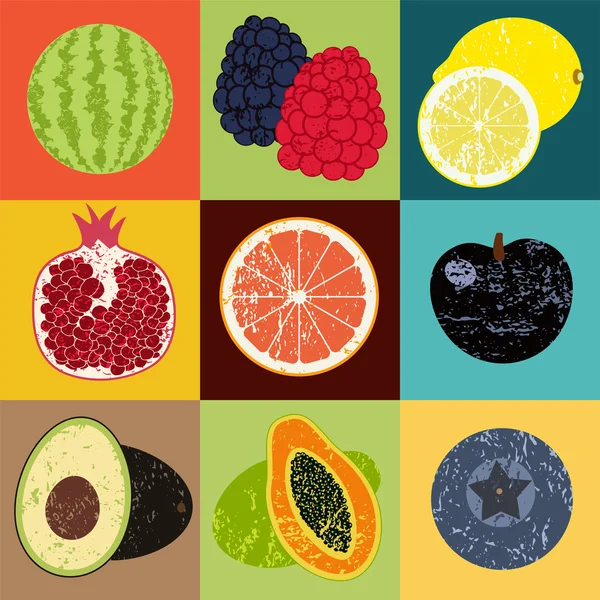 Poster de frutas estilo Pop Art grunge. Colección de frutas retro. Vintage vector conjunto de frutas . — Archivo Imágenes Vectoriales