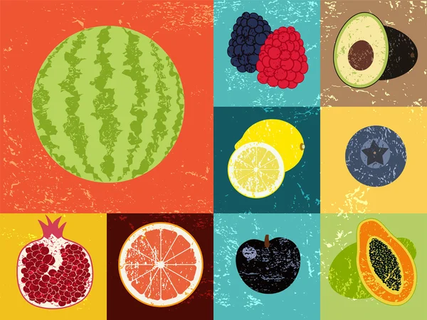 Affiche de fruits style Pop Art grunge. Collection de fruits rétro. Ensemble de fruits vectoriels vintage . — Image vectorielle