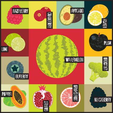 Pop Art grunge tarzı meyve poster. Retro meyve topluluğu. Vintage vektör set meyve.