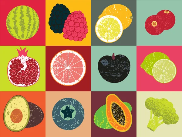 Affiche de fruits style Pop Art grunge. Collection de fruits rétro. Ensemble de fruits vectoriels vintage . — Image vectorielle