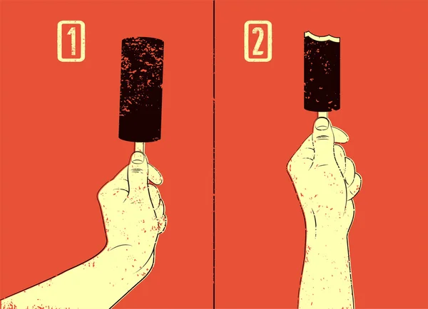 Estilo grunge helado vintage instrucción cartel divertido. La mano sostiene el helado. Ilustración de vectores retro . — Vector de stock